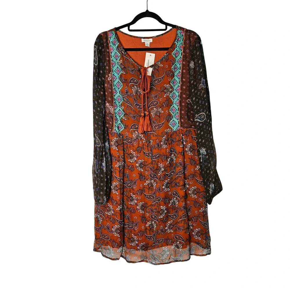 Sundance Artist Devine Paisley Boho Floral Keyhole Western Long Sleeve Dress NWT